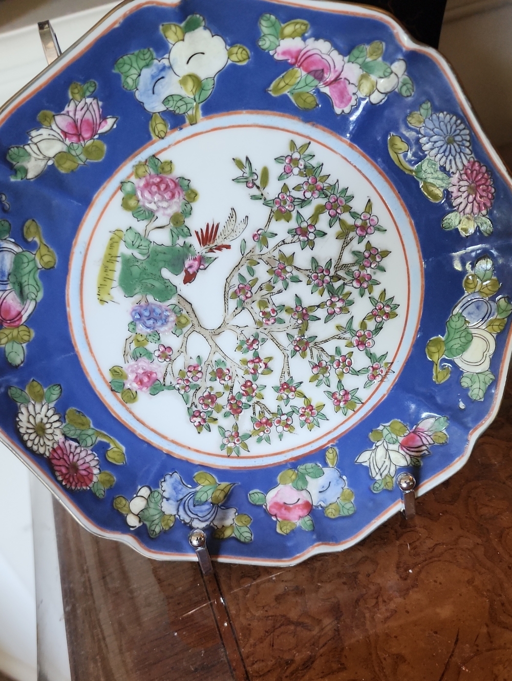 Vintage Hand-Painted Ceramic Decorative Plate in Blue and Pink and Green